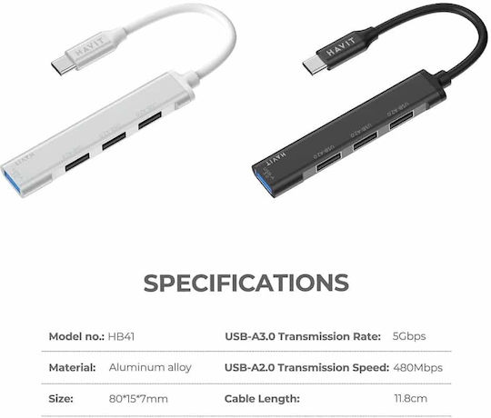 Havit HB41 USB Хъб с 4 USB 3.0 Порта и USB-C Интерфейс Сребрист