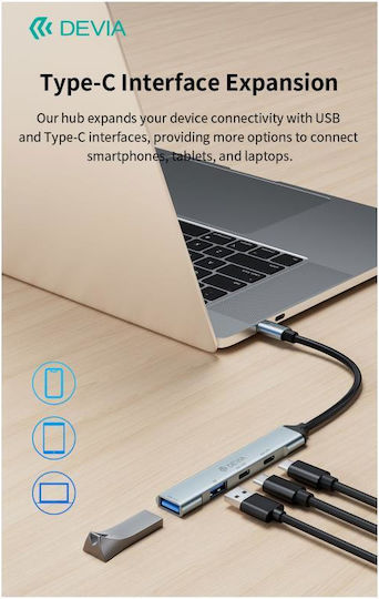 Devia USB Хъб 4 Порта USB 3.0 с USB-C Сив