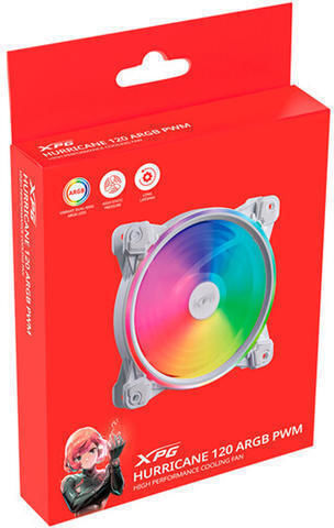 Adata Hurricane Вентилатор за Кутия 120мм (2000оборота / 61.5cfm) с ARGB Осветление и 4-изводна ШИМ Свързване Бял