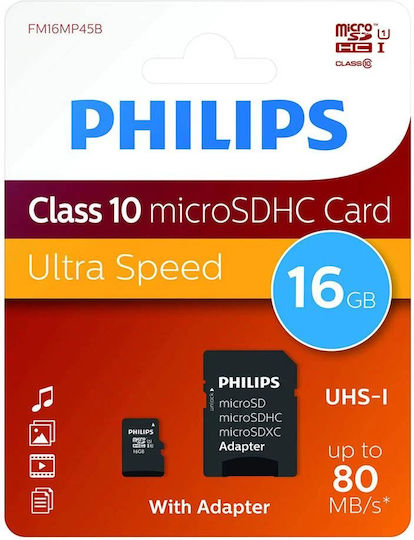 Philips microSDHC 16GB U1 V10 A1 UHS-I 80MB/s με αντάπτορα