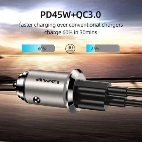 Awei Car Charger 45W With Ports 1xUSB-A 1xType-C With Embedded Cable Type-C