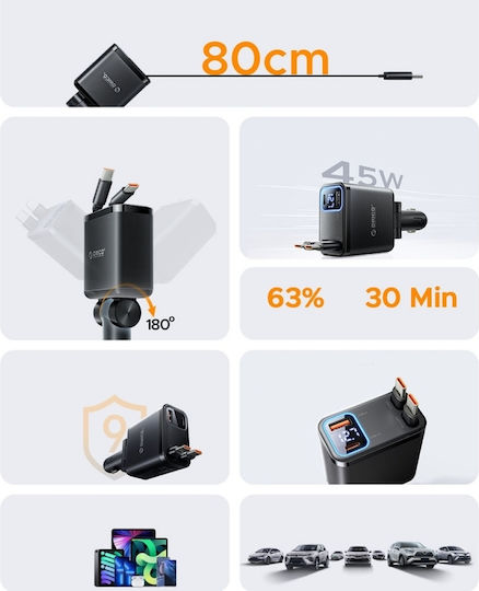 Orico Twin Reach 45w Usb-a + Usb-c Car Charger Two Retractable Usb-c Cables Black Tr-45-1a3c Orico-tr-45-1a3c-bk-ep-hu