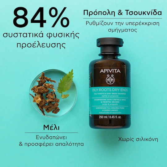 Apivita Rădăcini Grase și Vârfuri Uscate Nettle & Propolis Sampon de Reconstrucție/Hrană & Hidratare pentru Păr Gras 250ml