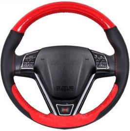 Husă pentru volan auto din piele perforată cu ac și ață mărimea M roșu culoare carbon cusătură roșie premium model Smartic Sma-000154