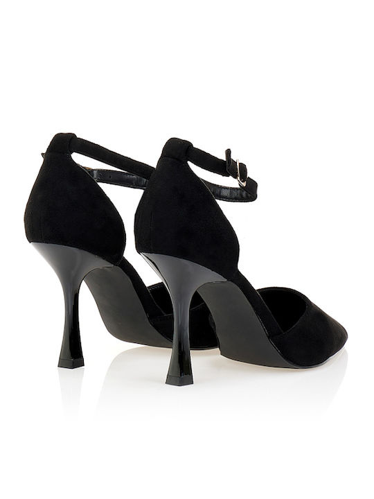 Suede Heels with Stiletto Heel & Strap Black