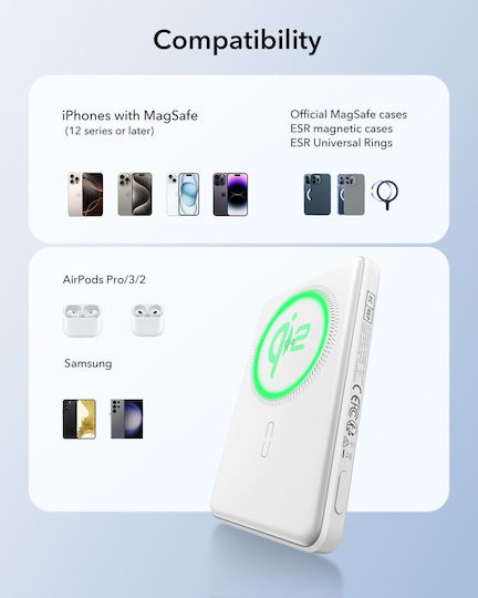 ESR Qi2 MagSlim MagSafe Qi2 Power Bank 5000mAh 15W Λευκό