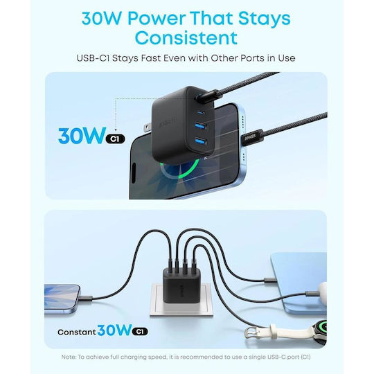 Anker Φορτιστής Χωρίς Καλώδιο με 2 Θύρες USB-A και 2 Θύρες USB-C και Καλώδιο USB-C 50W Power Delivery / Quick Charge 3.0 Μαύρος (Zolo)