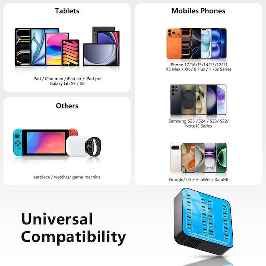 База за Зареждане с 20 USB-A Изходни Порта и 20 USB-C Изходни Порта 400W Power Delivery / Quick Charge 3.0 в Син Цвят (A-075)