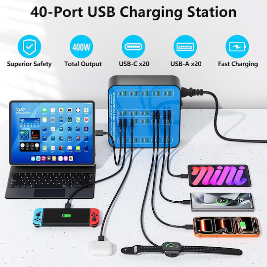 База за Зареждане с 20 USB-A Изходни Порта и 20 USB-C Изходни Порта 400W Power Delivery / Quick Charge 3.0 в Син Цвят (A-075)