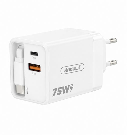 Andowl Φορτιστής με Θύρα USB-A και Θύρα USB-C και Καλώδιο USB-C 75W Power Delivery Λευκός (Q-CD09)