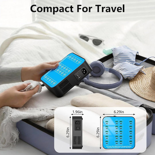 База за Зареждане с 20 USB-A Изходни Порта и 20 USB-C Изходни Порта 400W Power Delivery / Quick Charge 3.0 в Син Цвят (A-075)