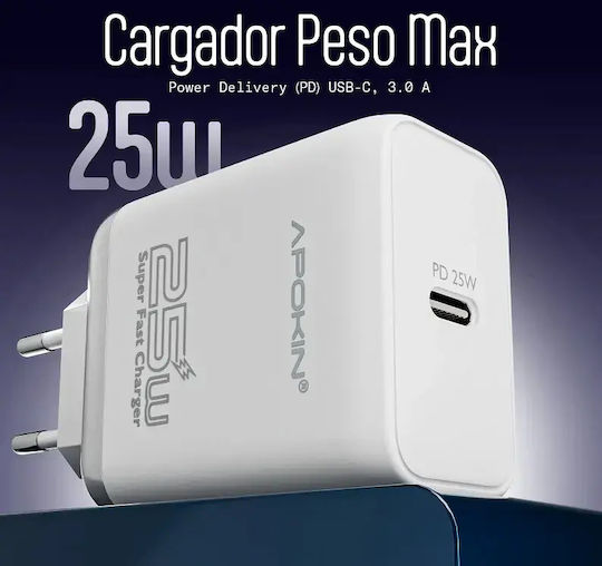 Apokin Φορτιστής με Θύρα USB-C και Καλώδιο USB-C - USB-C 25W Power Delivery Λευκός