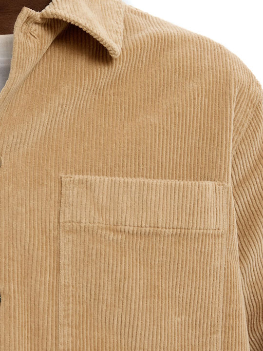 Μακρυμάνικo Κοτλέ Overshirt σε Κανονική Γραμμή Camel