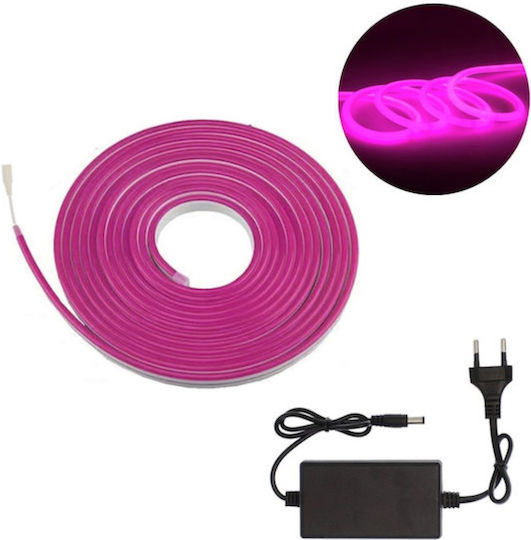 Rixme Αδιάβροχη Ταινία LED 12V Ροζ Φως 5m Neon Flex με Τροφοδοτικό