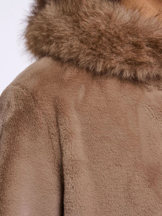 Women's Toffee Coat with Hood & Fur Details
