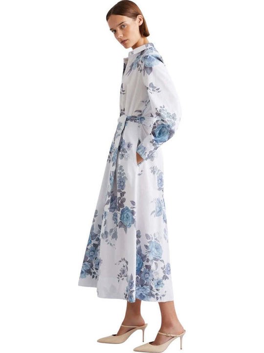 Summer Midi Shirt Dress Long Sleeve Light Blue