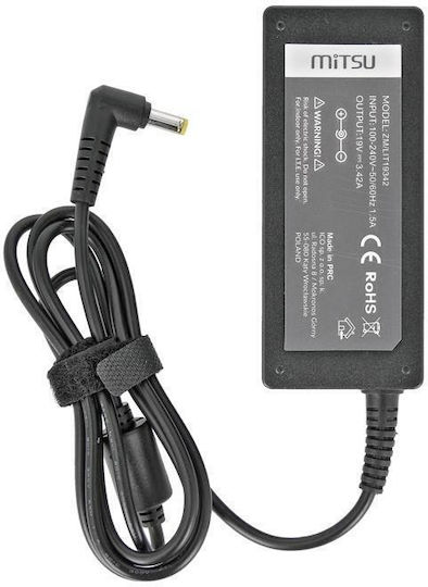 Mitsu Laptop Charger 65W 19V 3.42A for Asus / Lenovo / MSI / Toshiba with Detachable Power Cable