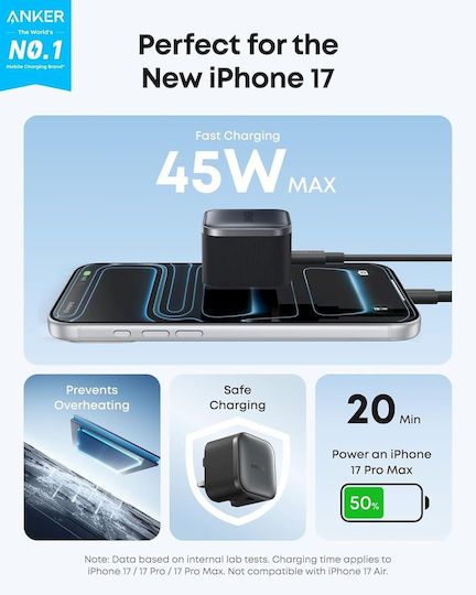 Anker Anker Φορτιστής mit USB-C Ausgangsanschlüssen und Kabel USB-C - USB-C 45W Stromlieferung Schwarz (Nano)