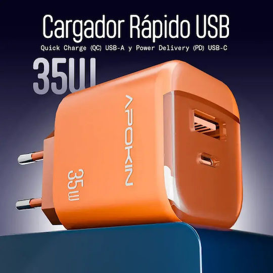 Apokin Charger and Cable USB-C - USB-C 35W Power Delivery Orange (U028)