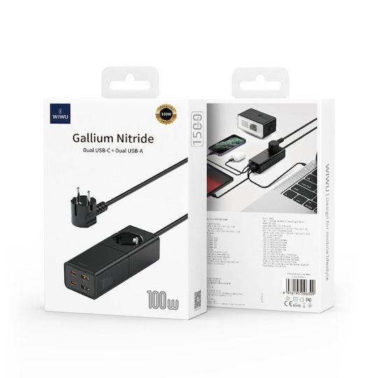 Wiwu Charging Stand GaN with 2 USB-A Ports and 2 USB-C Ports 100W Power Delivery in Black color (S004)