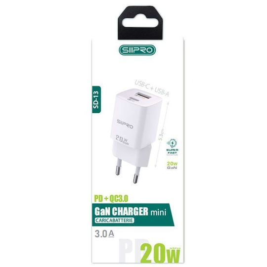 SiiPro Charger Without Cable GaN with USB-A Port and USB-C Port 20W Power Delivery Whites (SD-13)