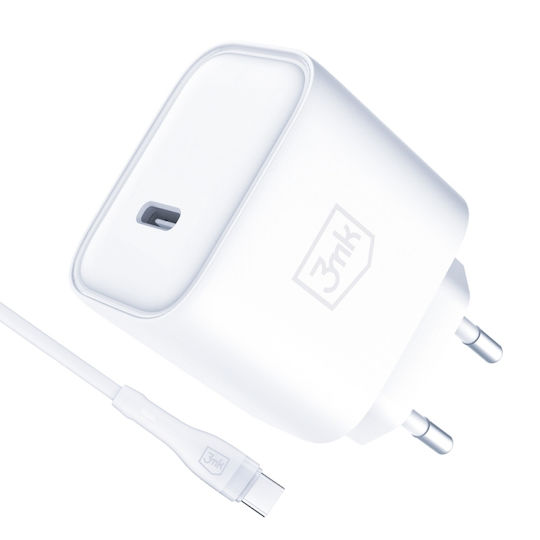 3MK USB-C Charger with USB-C Cable - USB-C 20W Power Delivery White (Rayo)