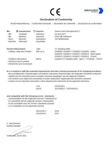 Carpoint Кабел за зареждане на електромобил Трифазен 6м Тип 2 - Тип 2 0280009