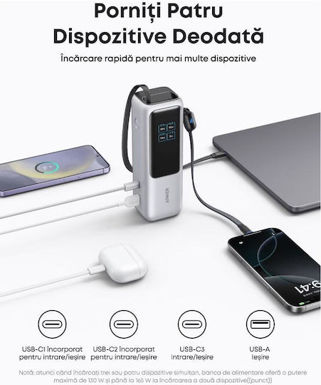 Anker Zolo Baterie Externă 25000mAh 165W cu Port USB-A Power Delivery / Încărcare Rapidă Argintie