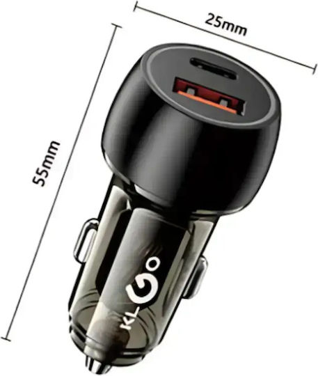 KLGO Φορτιστής Αυτοκινήτου 45W Γρήγορης Φόρτισης με Θύρες: 1xUSB-A 1xType-C μαζί με Καλώδιο Ενσωματωμένο Μαύρο Χρώμα