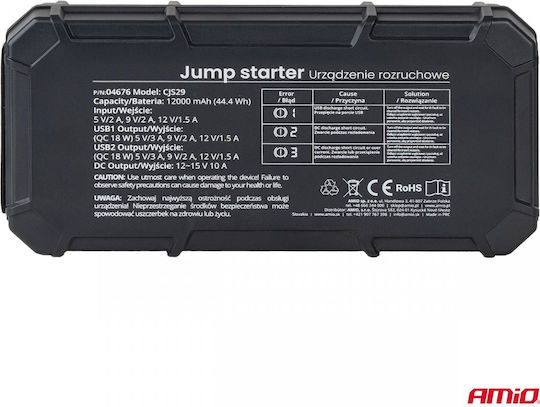 Amio Starter Portabil Baterie 3 în 1 Tip Jump Starter Lumină Led Powerbank Tensiune de Operare 12v Capacitate 12ah 500-1000a Pentru Autoturisme 1 Buc 04676/am 04676/am