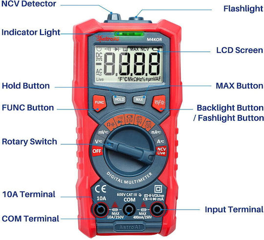 Astroai Multimetru Digital Astroai M4kor Trms 4000 Ohmmetru Voltmetru 1.5v 9v 12v Măsurare Fără Contact Lanternă
