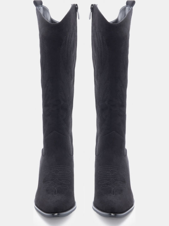 Suede Women's Cowboy Boots with Mid Heel Black