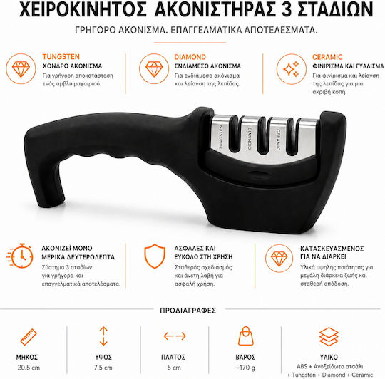 Afilatoare Profesională Manuală de Cuțite Next Trend Sistem 3 în 1 Tungsten Diamant Ceramic Mâner Ergonomic Antiderapant Ascuțire Rapidă și Precisă Pentru Cuțite de Bucătărie Negru