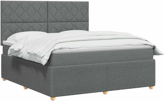 Pat King Size Tapițat cu Material Gri Închis cu Plăci și Saltea 190x190cm