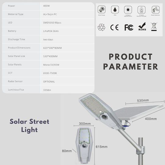 Lampă Solară de Drum 400W 3358lm Alb Rece 6000K cu Senzor de Mișcare și Telecomandă IP65