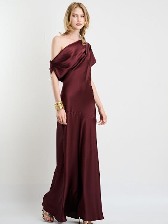 Summer Maxi Evening Satin Drape Dress Burgundy