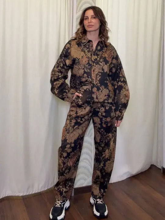 Γυναικείο Ψηλόμεσο Υφασμάτινο Παντελόνι Καφέ/multi