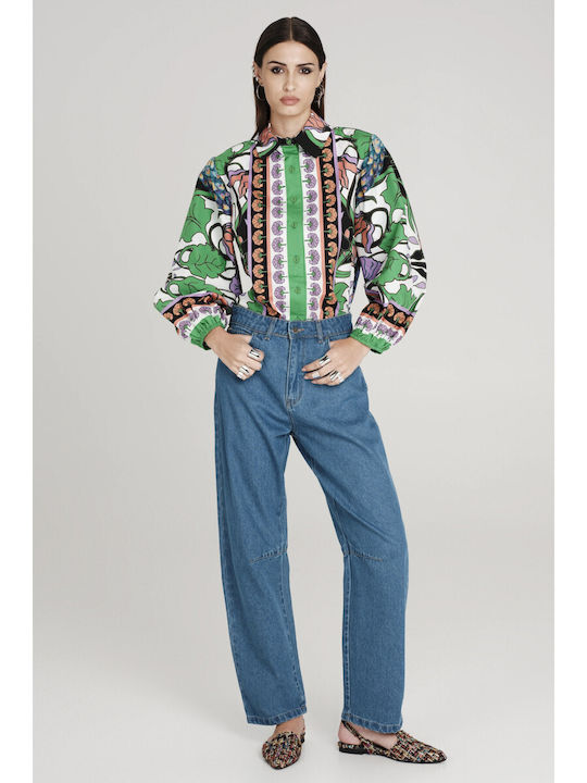 Long Sleeve Women's Shirt Green Floral