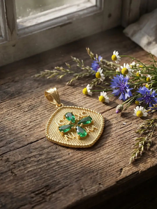 Charm Talisman Constantine with Stones in 9 K Gold with Green Zircon