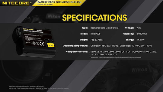 NiteCore Kamera Batterie EN-EL15b 9060100883 Lithium-Ionen (Li-Ion) Kompatibel mit Nikon