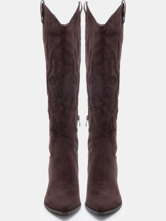 Suede Women's Boots Cowboy with Mid Heel Brown