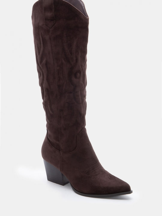 Suede Women's Boots Cowboy with Mid Heel Brown