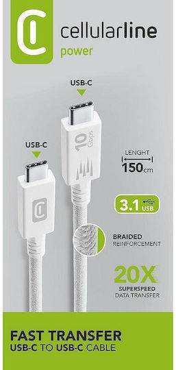 Cellularline Usb-c Zu Usb-c Kabel 5a 10 Gbps 100w 1.5 m Weiß