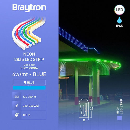 Braytron Rezistent la apă Bandă LED 220V Albastru Lumină Neon Flex