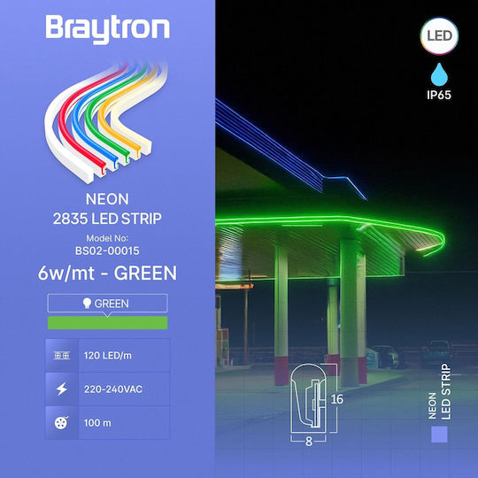 Braytron Waterproof LED Strip 220V Green Light Neon Flex