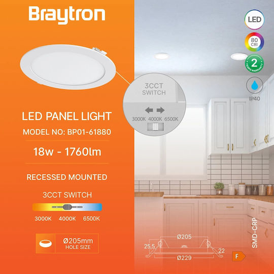 Braytron Panou LED Încastrat 18W Cu Bianco Reglabil Lumina