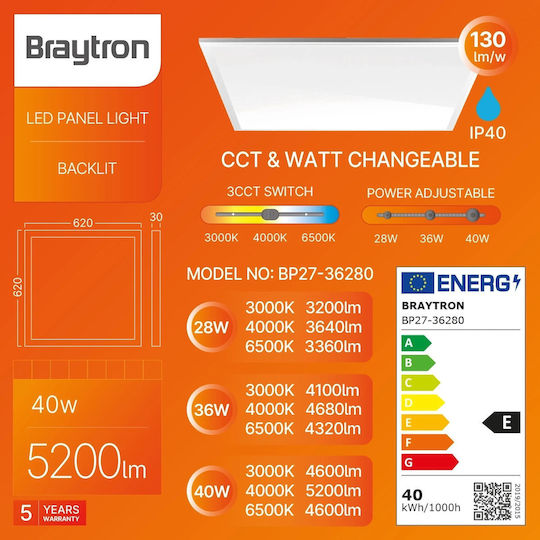 Braytron Încastrat Panou LED Putere 36W cu Bianco reglabil Lumini 62x62cm.
