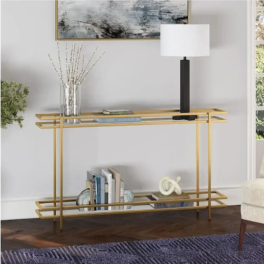 Consolă Metalică cu Suprafață din Sticlă Aurie L120xL58xÎ24cm