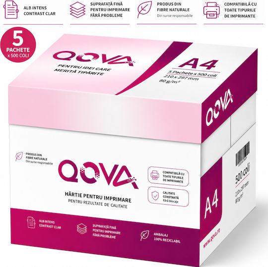 Qova Hârtie Pentru Imprimare A4 80 G/m² 5 Topuri Cutie 500 Foi Top 210 X 297 Mm Hârtie Albă Imprimantă Inkjet Laser Universal Cutie/5 Topuri