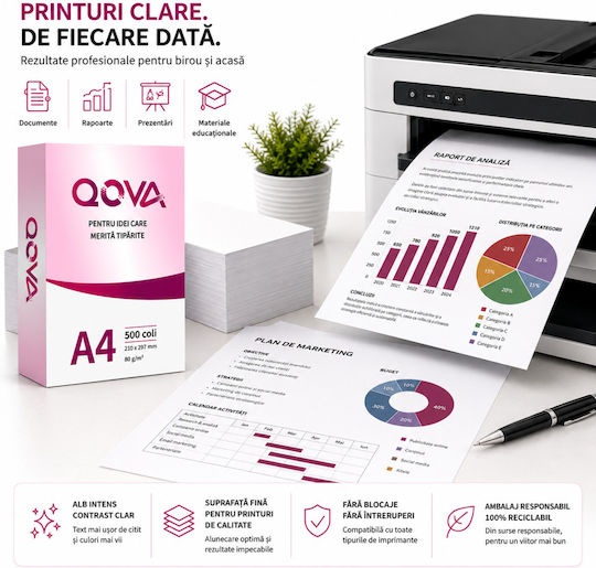 Qova Hârtie de Copiat A4 80 Gsm 500 Foi 210 X 297 Mm Albă Hârtie Imprimantă Inkjet Laser Universal